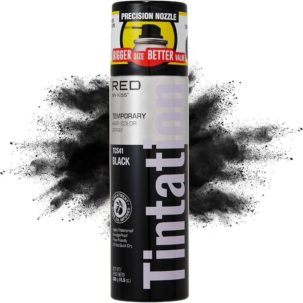 RED by Kiss Tintation Temporary Hair Color Spray, Extra Large Size, Instant Gray Root Cover Up, Water-Resistant, Smudge-Proof, Hairline & Barber Touch-Up, Quick Dry (Jet Black, 11.5 OZ)